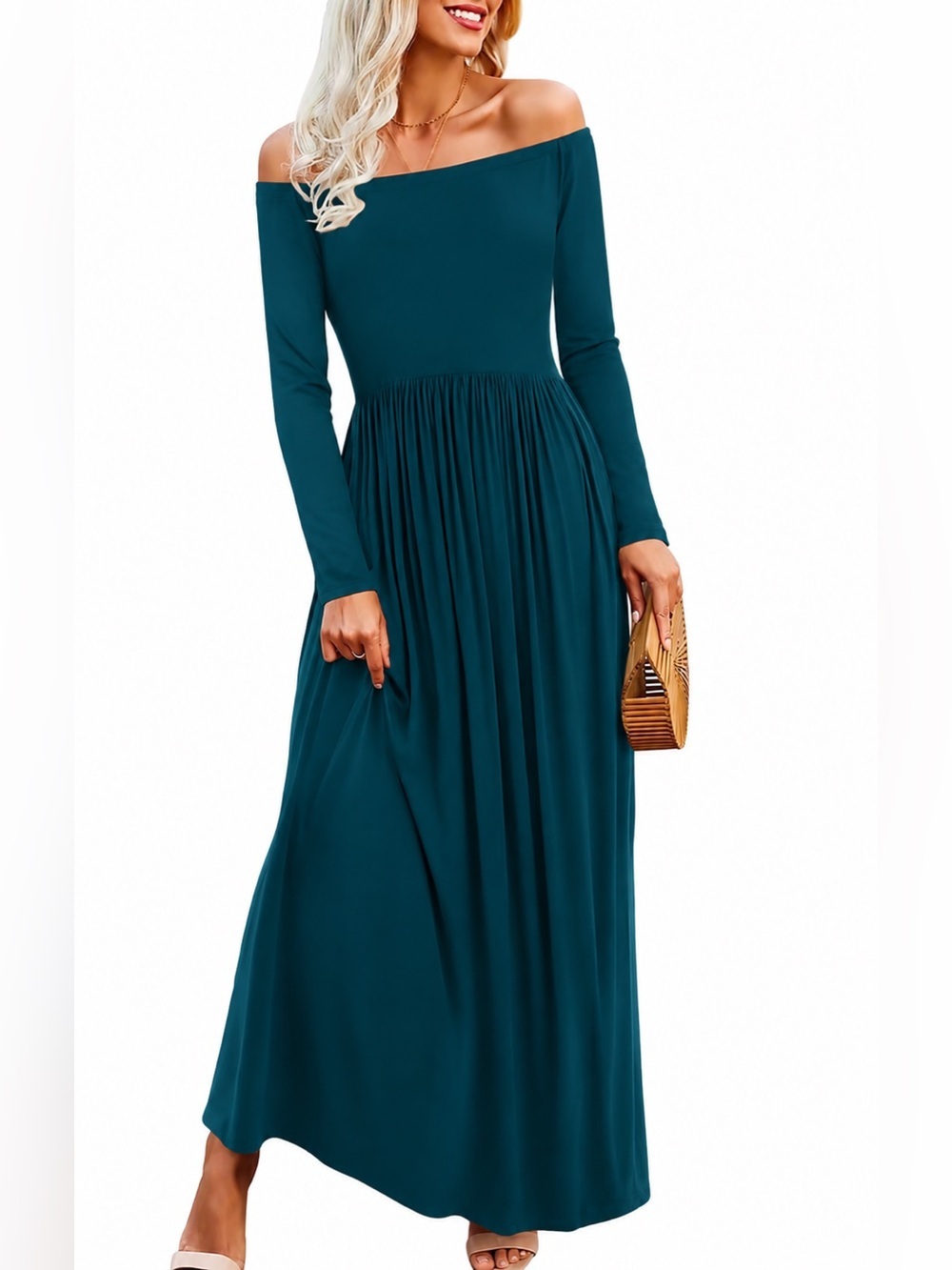 Off-Shoulder Long Sleeve Green Maxi Dress with pockets
